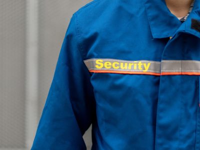 close up man person in uniform with word "security guard" on it