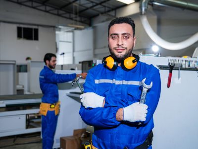 Portrait of technician worker checking and repair pressing metal machine at factory, Machine maintenance technician operation concept.